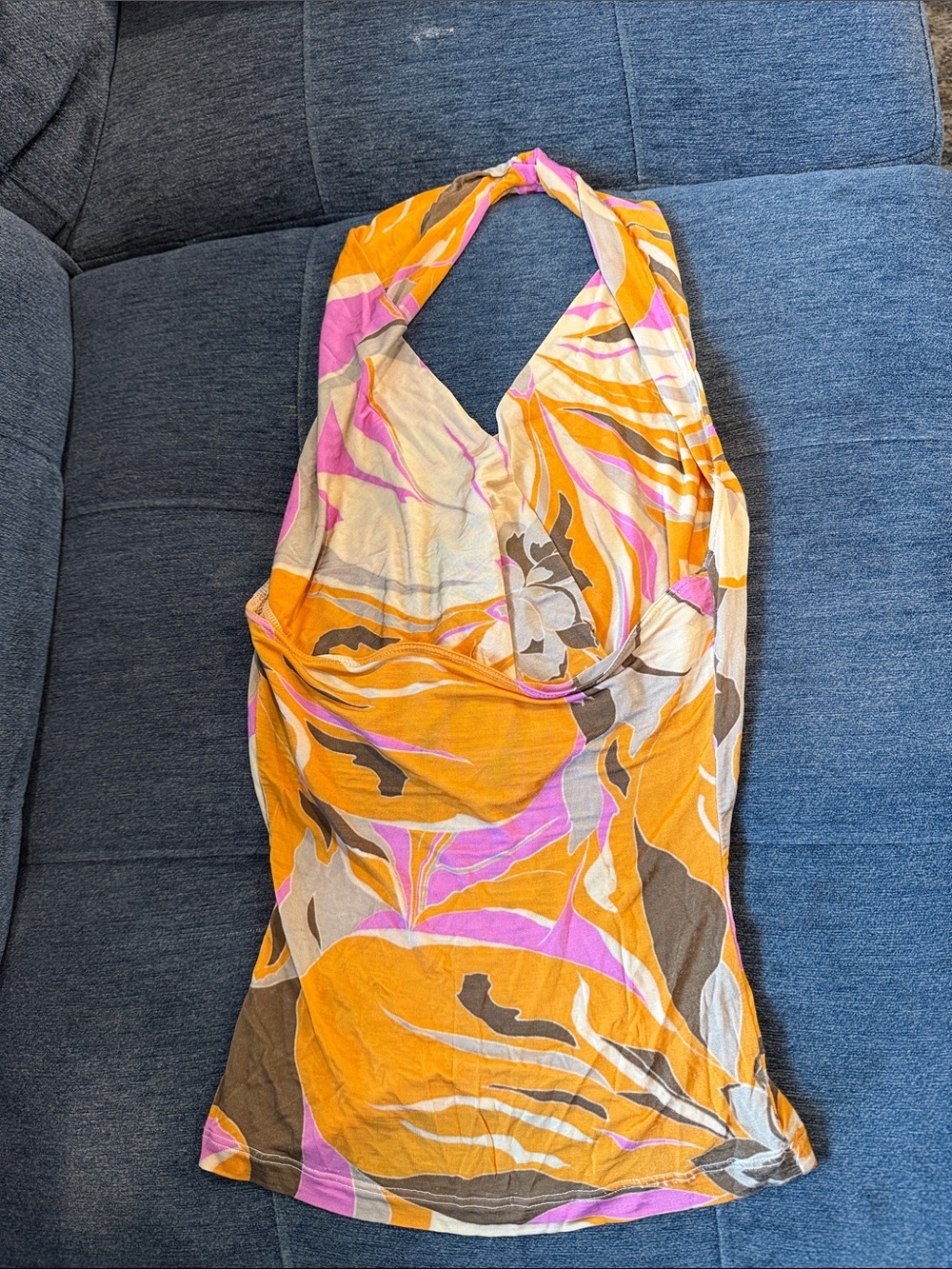 bebe Floral Halter V-Neck Top in Mustard, Pink & Taupe - Picture 2 of 2
